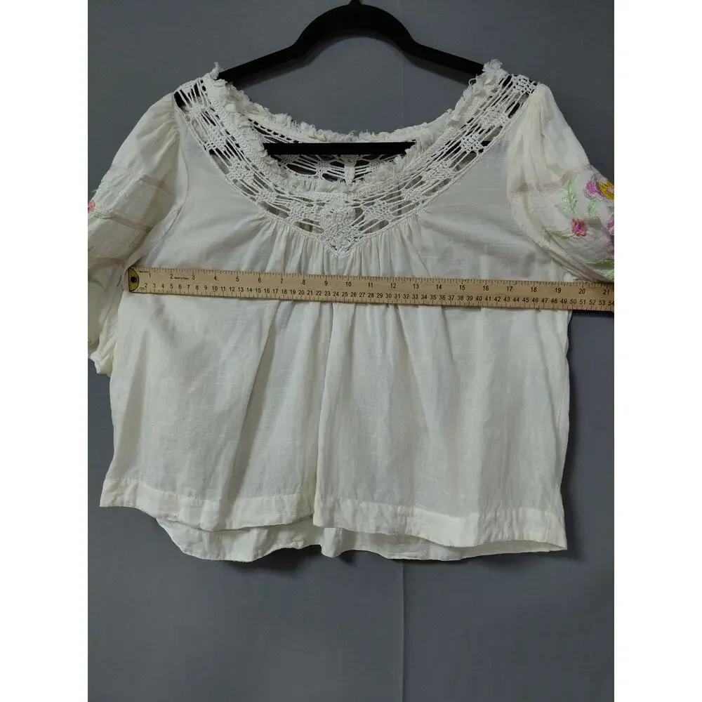 Free People White Peasant Embroidered Crochet 3/4 Puff Sleeve Women Size XS